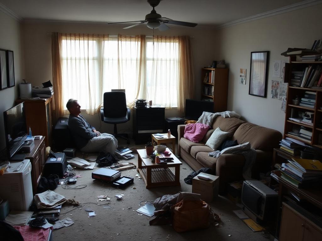 Cluttered dusty living room before cleaning
